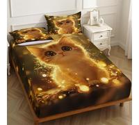 Double Fitted Sheet Persian cat 140 x 190 cm 25cm Deep Pocket Soft Microfiber Breathable Bottom Sheet yellow Bedding