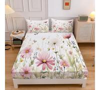Double Fitted Sheet Pink, Extra Deep Pocket Bed Fitted 12 inch 30 cm, Wildflowers Daisies Watercolor Flowers Ultra Soft Microfiber Bottom Sheet, 135x190cm