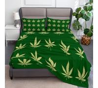 Double Fitted Sheet Plant Cannabis Leaf Minimalism, Deep Pocket 30 cm Easy Care, Breathable Soft Fabric, Shrinkage and Fade Resistant Fitted Sheet with 2 Pillow Cases, Green