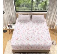 Double Fitted Sheet Plant Pink Flowers Bed Sheets 140x200 Soft Brushed Microfiber Easy Care Fade Resistant Breathable Fitted Sheet 30cm Deep, with 2 Pillow Case