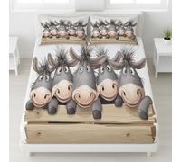 Double Fitted Sheet Playful, Animals, Warm Healing - Bed Sheets Bedding Sheets 135 x 190 CM with 30 CM Deep Fitted, Big Eyes, Grey Donkey, Wooden Fence, Simple, For Boys and Girls