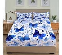 Double Fitted Sheet Set 54x75 inch Deep Pocket 30 cm Soft Microfibre Watercolor Butterfly Print Bedding Sets, Blue Fitted Sheet Resistant Shrink & Fade Easy Care with 2 Pillowcases
