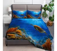 Double Fitted Sheet Undersea Creatures Sea Turtles Coral Reefs, Deep Pocket 30 cm Easy Care, Breathable Soft Fabric, Shrinkage and Fade Resistant Fitted Sheet with 2 Pillow Cases, Sky Blue
