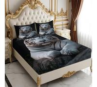 Double Fitted Sheet White Tiger Set 140 x 190 cm 25cm Deep Pocket Soft Microfiber Breathable with 2 Pillowcases grey Bedding Set