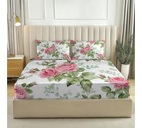 Double Fitted Sheet with Shabby Chic Rose Pattern, Soft Microfiber Bed Sheet with 30 cm Deep Pocket and Pillowcases, Breathable, Wrinkle and Fade Resistant (135 x 190 cm, White)
