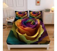 Double Fitted Sheets, Rainbow Rose 135x190cm Fitted Sheet, Multicolor Bed Sheets Extra Deep Pocket 12 inch Soft Comfortable Microfiber Brushed Fabric Watercolor Flowers Plants Bed Sheet