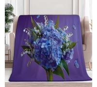 Double Fleece Blanket Purple, Plants Blue Hydrangeas Lilies The Valley Microfiber Soft Warm Fluffy Lightweight 3D Printed Flannel Blankets Bed Sofa Throw Bedspread for Kids Adults Bedroom and Camping