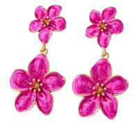 Double Flower Drop Earrings,Vintage Enamel Floral Dangle Earring Gold Plated Statement Flower Earrings Boho Summer Petal Drop Earring Elegant Floral Jewelry for Women, L, Metal, No Gemstone