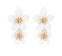 Double Flower Earrings - 3D Floral Dangle Boho Chic Wild Flower Earrings for Women Girls Wedding Party (White)