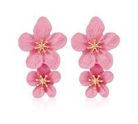 Double Flower Earrings - 3D Floral Dangle Boho Chic Wild Flower Statement Jewelry for Women Girls Wedding Party (Pink)