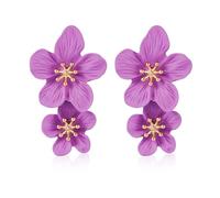 Double Flower Earrings - 3D Floral Dangle Boho Chic Wild Flower Studs Statement Jewelry for Women Girls Wedding Party (Purple)