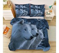 Double Forest Animal Wolf Moonlight Duvet Cover, 100% Soft Breathable Microfiber Reversible Quilt Cover with Pillowcases, Silver White Ice Blue Fantasy Oil Painting Bedding, Machine Washable
