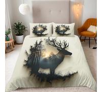 Double Forest Elk Bedding Set Ultra-Soft Microfiber Duvet Cover Set 3Pcs - 200x200cm + 2 Pillowcases 50x75cm-Animal 3D Printed Design with Zip Closure & Corner Ties