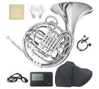 Double French Horn (Fb/Bb) 4 Keys Gold Lacquer - Intermediate Brass Instrument with Case, Mouthpiece and Cleaning Kit - Complete Accessory Kit for Concert Band and Solo Performance (Silver)