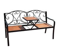 Double Garden Bench with Liftable Coffee Table - Wrought Iron & Plastic Wood Sofa Chair for Outdoor, Balcony, Patio, Leisure Seating - and Slish Garden Fur
