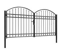 Double Garden Gate Black Steel Powder-Coated 300x125cm Arched Top With Lock Pins