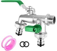 Double Garden Tap 1/2 Inch Brass Double Water Tap, Rust and Frost Resistant + 2 Hose Connectors Brass Water Faucet Outside Tap for Garden, Washing Machine, Rain Barrel