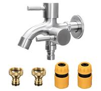 Double Garden Tap with 1/2 Inch Brass Water Faucet, Double Water Tap with Connection Outlet Double Tap Ball Valve Outside Faucet 2 Hose Connections for Garden Washing Machine Rain Barrel