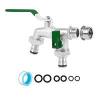 Double Garden Tap with Connector, 1/2 Inch Inlet and Two 3/4 Inch Outlet Outside Taps Hose Fitting Garden Kit for Outside Double Outlet Outdoor Brass Tap (Green)