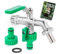 BFG Outside Tap Kit for Garden Hose, 1/2" BSP Inlet and Two 3/4" BSP Outlet, Hose Pipe Connector, Water Butt - Nickeled Brass Tap, Double Tap Ball Valve, Garden Tap Hose Connector and Ebook