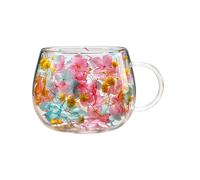 Double Glass Cups,250ML Colorful Petals Whiskey Mugs - with Handle Insulated Dried Flower Double Glass Coffee Cups - for Home Office Bar Cold Iced Tea Hot Water