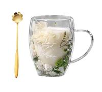 Double Glass Flower Tea Cup,Handcrafted Clear Flower Coffee Mugs with Handle 350 ML,Creative Aesthetic Insulated Anti-Scalding Coffee Cups for Hot Beverages,Tea,Milk,Juice