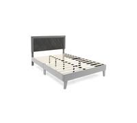 (Double, Grey) Bed Frame Upholstered Platform w/Headboard Wooden Slats