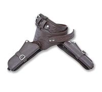 Double Gun Holster Cowboy Belt, Brown Genuine Leather Western Style Revolver Holster Set with Embossed Design & Brass Silver Buckles, Adjustable Dual Holder for Adults, Cosplay (42-44)