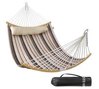 Double Hammock, 11 FT Quilted Fabric 2 Person Hammock for Outside with Pillow, Folding Curved Spreader Bar, Chains, Carrying Bag, Indoor Outdoor, 450 IB Capacity, Havana Brown