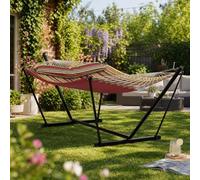 Double Hammock with Stand, 204 kg Capacity Outdoor Hammock with Cotton-Polyester Fabric, Powder-Coated Steel Frame, Spreader Bar for Patio, Porch, Garden, Backyard, Burgundy Brown Stripes