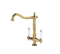 Double Handle Kitchen Faucet 360 Degree Swivel Brass Antique Design for Kitchen Sink Spout Reach Utility Pot Filler，Gold