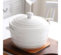 Double Handle Lid Pure White Ceramic Tureen Soup Ceramic Round White Dish Casserole/Clay Pot/Earthen Pot/Ceramic Cookware with White Lid Heat-Resistant,2200ML