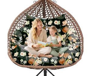 Double Hanging Egg Chair Cushion Replacement Waterproof for Outdoor Patio Basket Egg Chairs, 150x110 cm-2 Seater Premium Thickened 100% Cotton Large Double Eggs Swing Chair Cushions, Black Peony