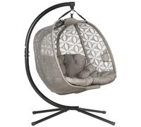 Double Hanging Egg Chair Swing with Stand Cup Holders Outdoor Brown Rattan Seat