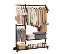 Double Hanging Rails Clothes Rack on Wheels,Bamboo Clothes Rail with Shoe Rack,Clothes Rack with Shelves,Shoe and Coat Rack for Hallway,Maximum Load 100kg for Bedroom,Office:120CM