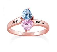 Double Heart Birthstone Name Ring Engraved in 925 Sterling Silver Rose Gold-Personalised Two Stone Name Ring for Couple Girlfriend Mother Girl Women
