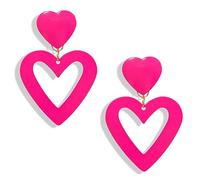 Double Heart Dangle Earrings for Women Hot Pink Heart Earrings Trendy Big Love Heart Earrings for Women Valentine's Day Mother's Day Birthday Jewelry Gift (Pink Heart Earring)