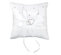 Double Heart Diamante Buckle Wedding Ring Pillow 15x15cm, White Satin Ribbon Decorated Ring Bearer Cushion for Wedding Ceremony