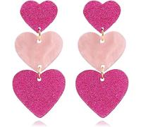 Double Heart Earrings for Women Hot Pink Heart Dangle Earrings Three Pink Heart Drop Earrings Acrylic Clear Asymmetric Heart Earrings Colorful Long Heart Earrings for Women Valentine's Day Birthday
