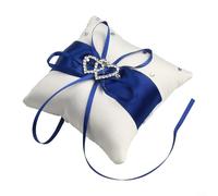 Double Heart for crystal Wedding Ring Cushion for 4x4 Inch Double(blue) | Soft satin fabric, sparkling rhinestone heart, secure ribbon loops, white color, fits ring boxes