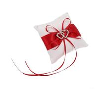 Double Heart for crystal Wedding Ring Cushion for 4x4 Inch Double(red) | Soft satin fabric, sparkling rhinestone heart, secure ribbon loops, white color, fits ring boxes