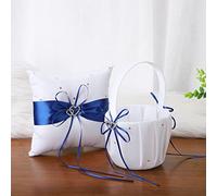 Double Heart Rhinestone White Satin Wedding Basket and Ring Pillow Set, 2PCS Wedding Flower Girl Basket and Ring Bearer Pillow Set, Wedding Petals Storage Basket for Anniversary Celebrations(Blue)