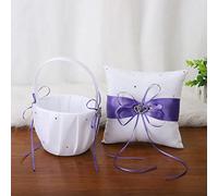 Double Heart Rhinestone White Satin Wedding Basket and Ring Pillow Set, 2PCS Wedding Flower Girl Basket and Ring Bearer Pillow Set, Wedding Petals Storage Basket for Anniversary Celebrations(Purple)