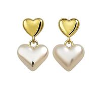 Double Heart Shape Stud Earrings with Pearl-like Drop in Gold and White Tone