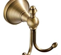 Double Hook Bathroom Towel And Robe Hanger In Antique Brass, Wall Mount Copper Construction With Vintage Design, Space Saving Organizer For Towels, And Clothes(Curved hook)