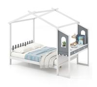 Double House Bed Wood Montessori Bed Frame Playhouse Bed w/Desk