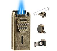 Double Jet Flame Torch Lighter, All in One Gas Lighter Built-in Cutter, Punch, Holder Function, Refillable and Adjustable Windproof Butane Lighters, Gifts for Men, Golden. (Sold Without Gas)