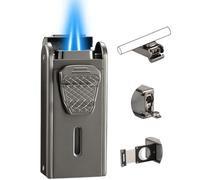 Double Jet Flame Torch Lighter, All in One Gas Lighter Built-in Cutter, Punch, Holder Function, Refillable and Adjustable Windproof Butane Lighters, Gifts for Men, Black. (Sold Without Gas)
