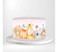 Double Jungle Animals Cartoon Safari Lion Tiger Giraffe Koala Cute Wrap Around Print A4 Edible Paper Icing Sheet Cake Topper Side Ribbon Border Decor for Personalised Themed Decorations