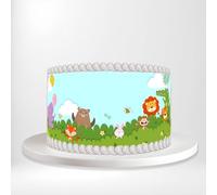 Double Jungle Animals Cartoon Safari Scene Cute Lion Wrap Around Print A4 Edible Paper Icing Sheet Cake Topper Side Ribbon Border Decor for Personalised Themed Decorations